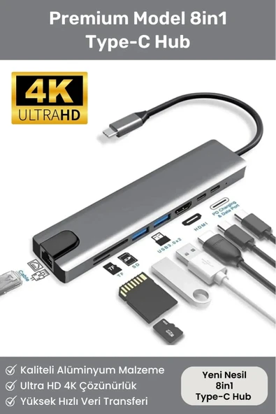 8 Girişli Macbook Pro Air Usb Type-c Hub Dönüştürücü Çevirici Çoklayıcı Usb Hdmi Micro SD 8in1 ürün görseli 1