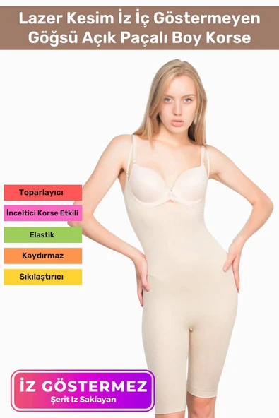 Premium Lazer Kesim İz İç Göstermeyen Kaymaz Toparlayıcı Şekillendirici Göğsü Açık Paçalı Boy Korse ürün görseli 1