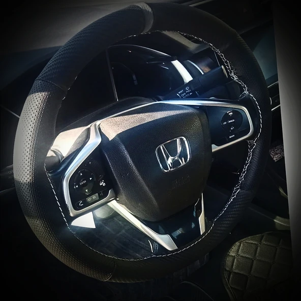 DİKİŞLİ DİREKSİYON KILIFI KARBON NOKTA GRİ YÜZÜK GRİ DİKİŞLİ HONDA İÇİN ürün görseli 1