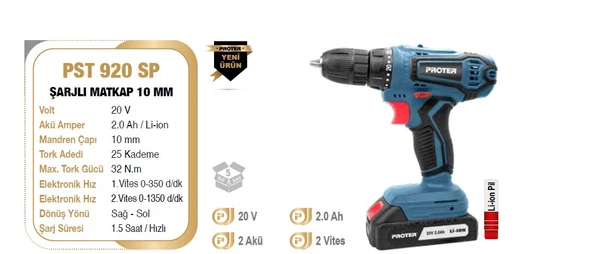 PROTER  PST 920 SP ŞARJLI MATKAP 10 MM ürün görseli 1
