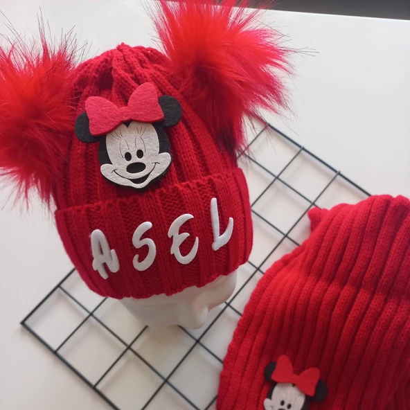 MARS BABY Bebek Kız Çocuk İsimli Kırmızı Minnie Çift Ponponlu Atkı Bere Takımı - Resim 2