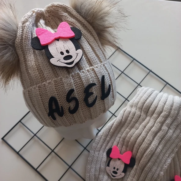 MARS BABY Bebek Kız Çocuk İsimli Bej Fuşya Minnie Çift Ponponlu Atkı Bere Takımı - Resim 2