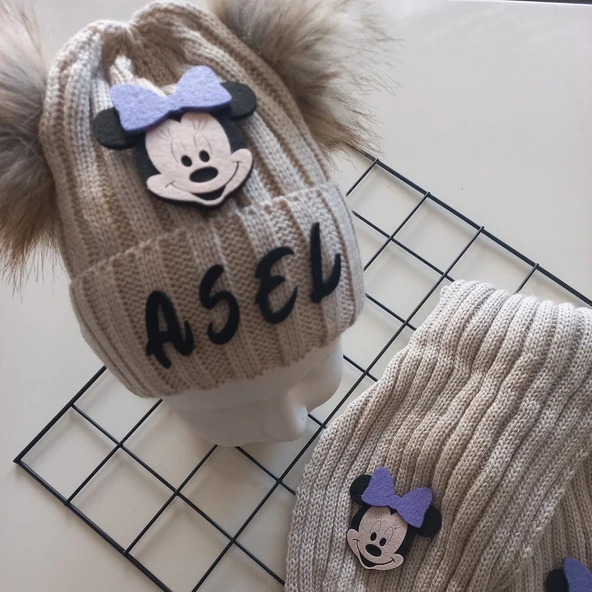 MARS BABY Bebek Kız Çocuk İsimli Bej Lila Minnie Çift Ponponlu Atkı Bere Takımı - Resim 2