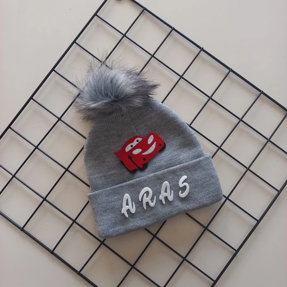 MARS BABY Erkek Bebek Çocuk Kişiye Özel İsimli Gri Tek Ponponlu Triko Bere ürün görseli 1