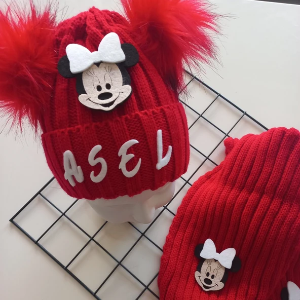 MARS BABY Bebek Kız Çocuk İsimli Kırmızı Beyaz Minnie Çift Ponponlu Atkı Bere Takımı - Resim 2