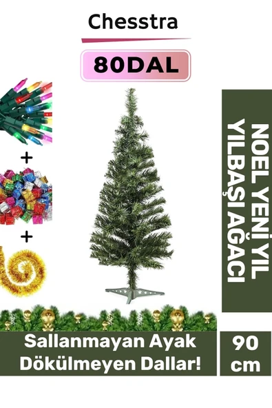 Kutulu Ayaklı Süsleme Seti Yılbaşı Çam Ağacı Renkli Işığı Yeni Yıl Süsleri Noel Paket 90 Cm 80 Dal ürün görseli 1