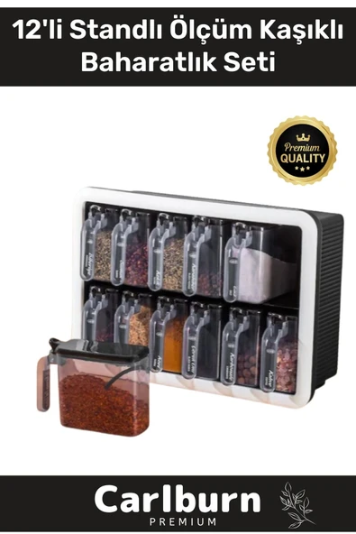 Premium Modern Pratik Bölmeki Şeffaf Mutfak Tezgah 12li Standlı Ölçü Kaşıklı Plastik Baharatlık Seti ürün görseli 1