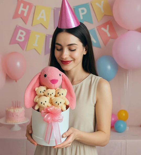 SOLE Premium Özel Hediye Kutusunda  45 cm Pembe Bunny Tavşan ve 5 Adet Krem Peluş Ayıcık Buketi ürün görseli 1