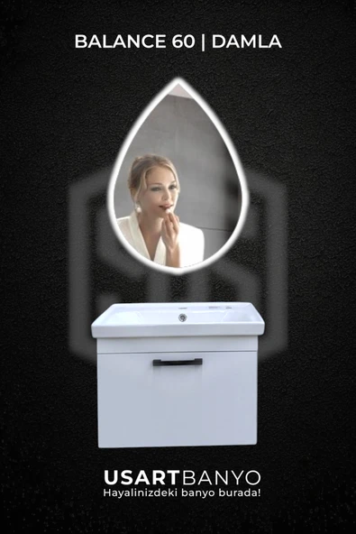 Balance 60 cm Beyaz Banyo Dolabı, Damla Beyaz Led Ayna 80x56 cm ürün görseli 1