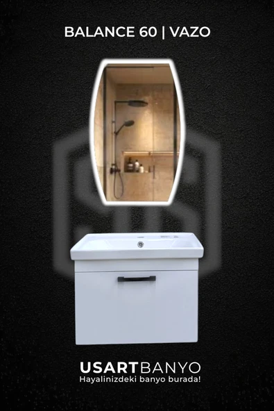 Balance 60 cm Beyaz Banyo Dolabı, Vazo Beyaz Led Ayna 80x50 cm ürün görseli 1