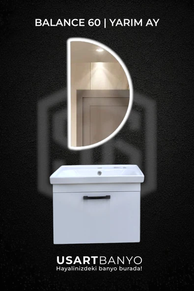 Balance 60 cm Banyo Dolabı + Reflectus Yarım Ay Beyaz Led Ayna 80x45 cm ürün görseli 1