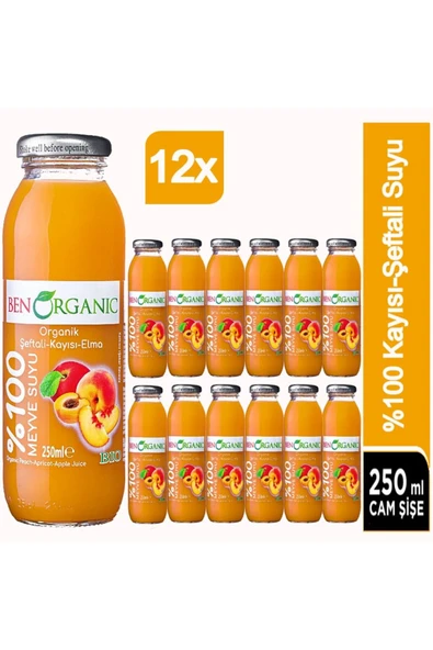 Benorganic Organik Şeftali Kayısı Elma Suyu 12x250ml ürün görseli 1