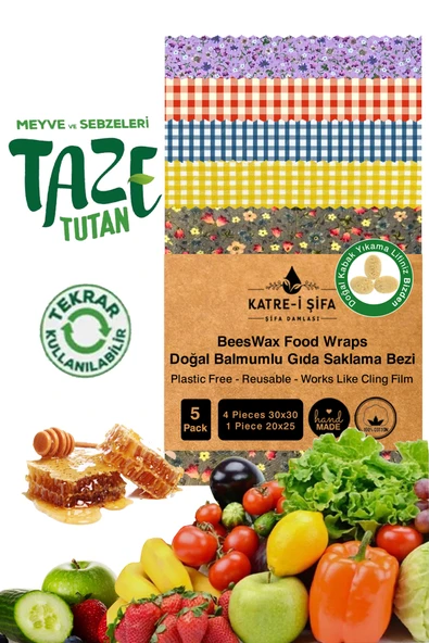 Balmumlu Doğal Gıda Saklama Bezi 5 Parça Balmumu Bez Beeswax Food Wraps (BALMUMU BEZİ) ürün görseli 1
