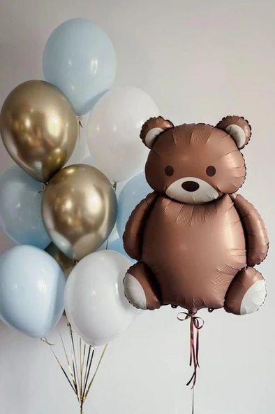 Beysüs Ayıcık Folyo Balon Seti Mavi Beyaz ve Gold Krom Balon 10 lu ürün görseli 1