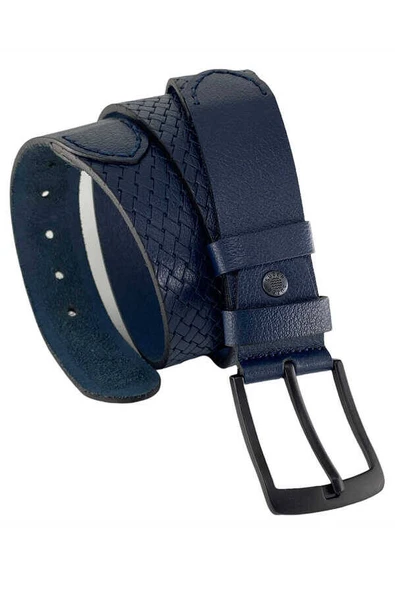 Lacivert Hakiki Deri Özel Üretim 3 Parçalı El İşçilikli  4 cm.lik Unisex Spor Kot Kemer ürün görseli 1