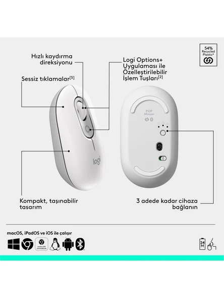 Logitech Pop Icon Combo 920-013076 Beyaz Kablosuz Klavye Mouse Seti - Resim 4