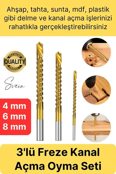 Premium Çok Amaçlı 3'lü Freze Matkap Uç Seti Ahşap Tahta Delme Titanyum Kanal Açma Sunta Mdf Oyma ürün görseli 1
