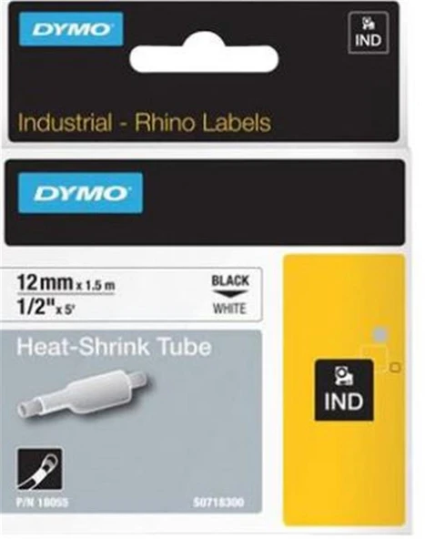 DYMO 18055 RhinoPRO Beyaz-Siyah Isıyla Küçülen Şerit 12 mm x 1,5 mt ürün görseli 1