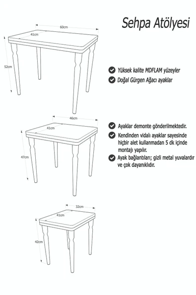 AKSET 3Lü Lüx Zigon Sehpa Krem Ceviz - Resim 4