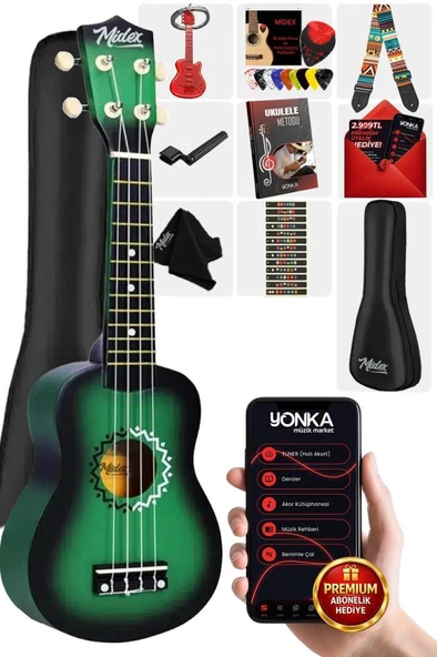 Midex UKX-600GR Sunburs Efektli Maun Concert Ukulele Full Set ürün görseli 1