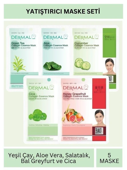 Dermal Yatıştırıcı Etkili Yeşil Çay Aloe Salatalık Cica Bal Özlü Maske Seti 23gr x 5Adet ürün görseli 1