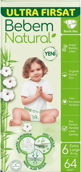 Bebem Natural 6 Numara Ekstra Large 64'lü Bebek Bezi ürün görseli 1