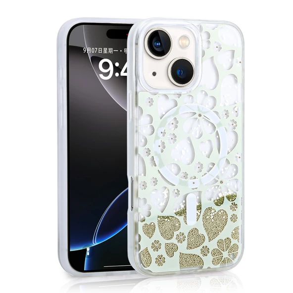 Apple iPhone 15 Kılıf Sıvılı Simli Baskılı Şeffaf Arka Yüzey Zore Mossa Silikon Kapak ürün görseli 1