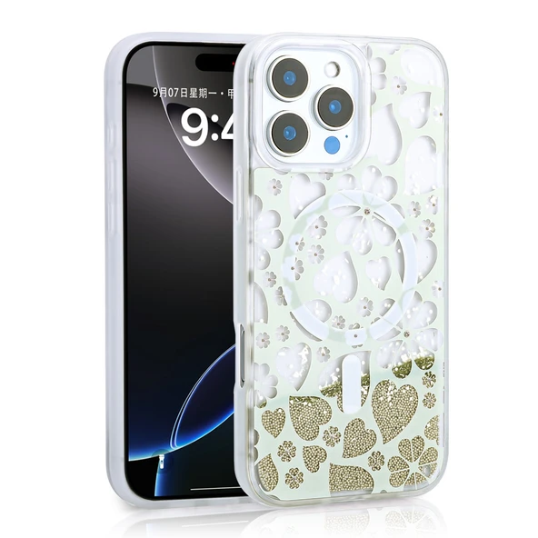Apple iPhone 16 Pro Kılıf Sıvılı Simli Baskılı Şeffaf Arka Yüzey Zore Mossa Silikon Kapak ürün görseli 1