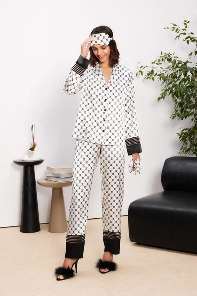 Pierre Cardin Büyük Beden Kadın Önden Düğmeli Biyeli Saten Pijama Takım Göz Bandı ve Toka Hediyeli ürün görseli 1
