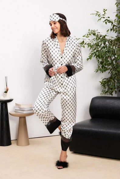 Pierre Cardin Kadın Önden Düğmeli Biyeli Saten Kutulu Pijama Takımı Göz Bandı ve Toka Hediyeli ürün görseli 1