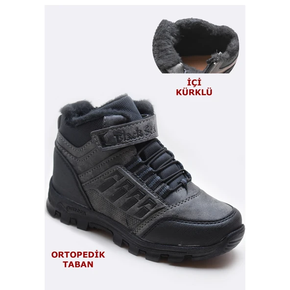 542 Ortopedik Kaymaz Taban İçi Kürklü Kışlık Çocuk Bot Ayakkabı Blacksea ürün görseli 1