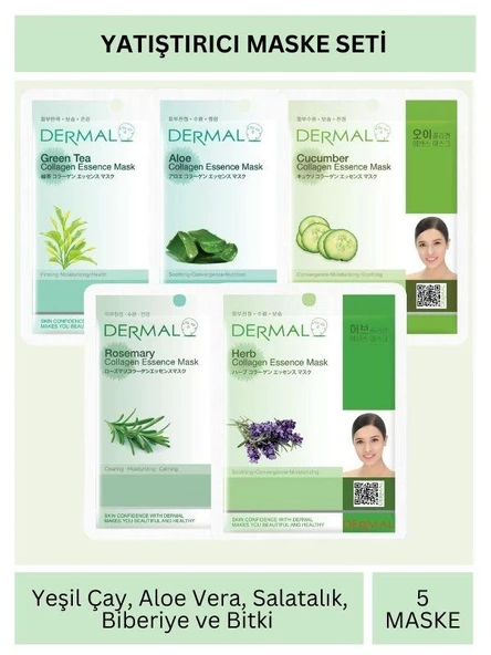 Dermal Yatıştırıcı Etkili Yeşil Çay Aloe Salatalık Biberiye ve Bitki Özlü Maske Seti 23gr x 5Adet ürün görseli 1