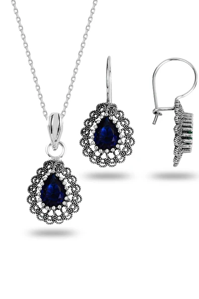 Gümüş safir taşlı oksitli telkari işlemeli damla kolye ve küpe ikili set SGTL12734LACIVERT ürün görseli 1