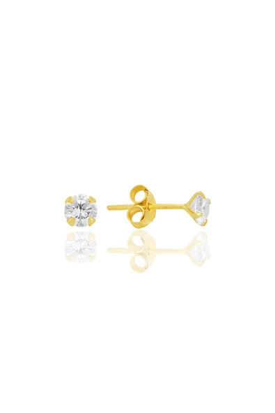 Gümüş zirkon taşlı,altın yaldızlı, yuvarlak kesim 4 mm tektaş küpe SGTL12745GOLD ürün görseli 1