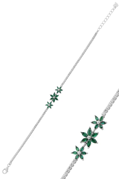 Gümüş rodyumlu markiz kesim yeşil taşlı lotus çiçekler su yolu bileklik SGTL12761YESIL ürün görseli 1