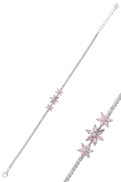 Gümüş rodyumlu markiz kesim pembe taşlı lotus çiçekler su yolu bileklik SGTL12761PEMBE ürün görseli 1