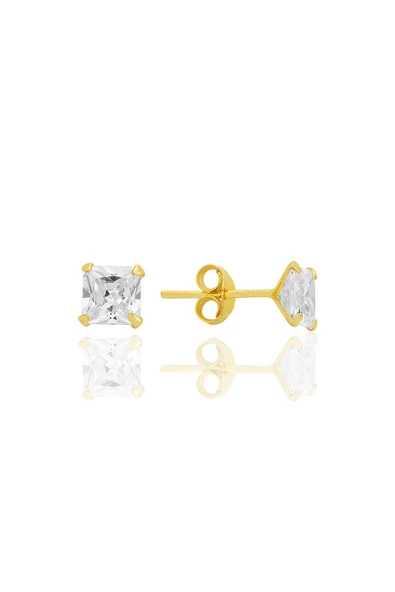 Gümüş zirkon taşlı,altın yaldızlı,kare (Prenses) kesim 5 mm tektaş küpe SGTL12743GOLD ürün görseli 1