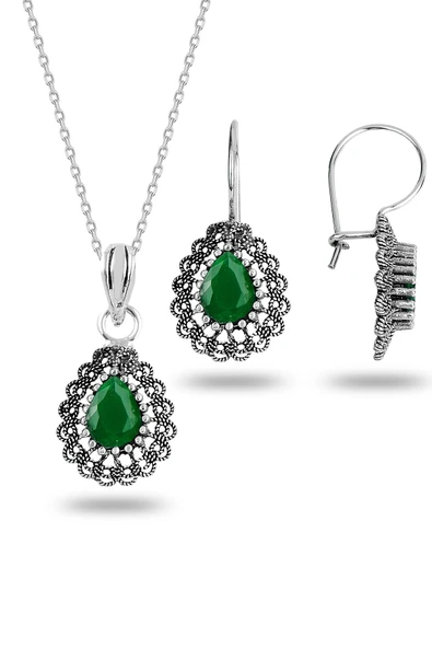 Gümüş kök zümrüt taşlı oksitli telkari işlemeli damla kolye ve küpe ikili set  SGTL12734YESIL ürün görseli 1