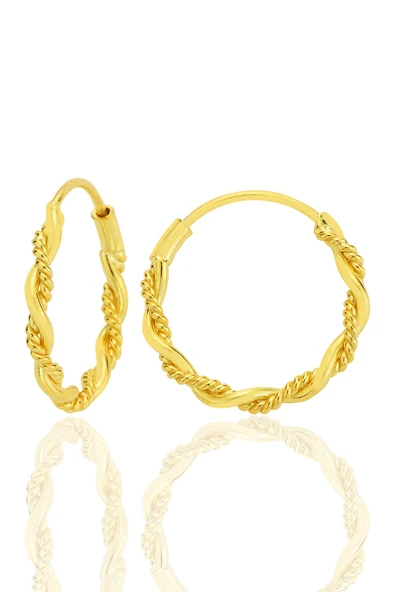 Gümüş altın yaldızlı  işlemeli çift burgulu 18 mm halka küpe SGTL12751GOLD ürün görseli 1