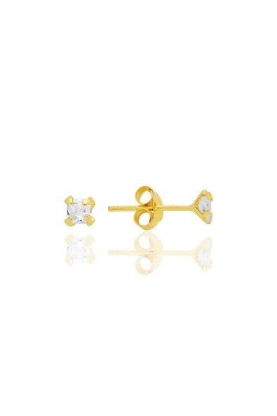 Gümüş zirkon taşlı, altın yaldızlı, kare (Prenses) kesim 3 mm tektaş küpe SGTL12741GOLD ürün görseli 1