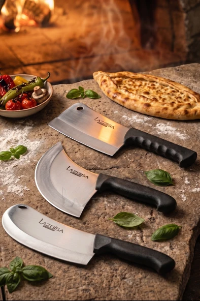Silver Serisi 3 lü Mutfak Bıçağı Pizza Börek Bıçağı Tavuk Kıyma Satırı Pide Salata Mutfak Bıçak Siyah Sap ( Mft-927) ürün görseli 1