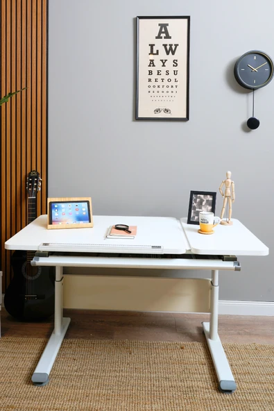 Creo Mobili Yükseklik ve Eğim Ayarlı, Çekmeceli, Vega Basic Çalışma Masası 130x70 cm, Beyaz/Gri ürün görseli 1