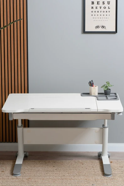 Creo Mobili Yükseklik ve Eğim Ayarlı, Çekmeceli, Sirius Basic Çalışma Masası 120x75 cm, Ekru/Gri ürün görseli 1