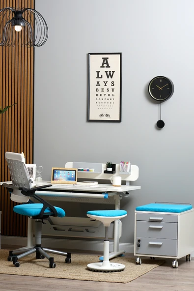 Creo Mobili Yükseklik ve Eğim Ayarlı, Vega Premium Bilgisayar ve Çalışma Masası Takımı Ekru/Mavi ürün görseli 1