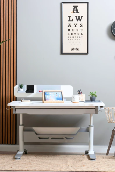 Creo Mobili Yükseklik ve Eğim Ayarlı, Sirius Standart Bilgisayar, Ofis ve Çalışma Masası Beyaz/Gri ürün görseli 1