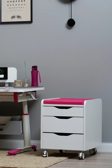Creo Mobili Çekmeceli Kilitli Tekerlekli Sirius Keson, Oturulabilir Ofis ve Ev Komodini, Ekru/Fuşya ürün görseli 1