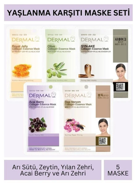Dermal Yaşlanma Karşıtı Arı Sütü Zeytin Yılan Zehri Acai Berry ve Arı Zehri Özlü Maske Seti 23gr x 5Adet ürün görseli 1