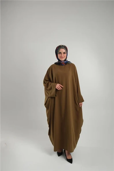 Haki Yarasa Kol Oversize Medine İpeği Arkası Düğmeli Düz Elbise 4001_09 ürün görseli 1