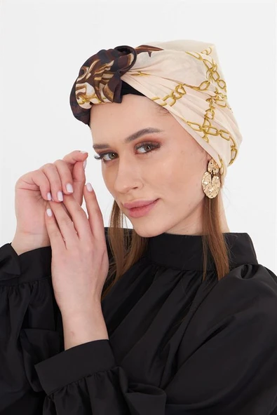 Bej Pratik Hazır Geçmeli Tesettür Bone Kesik Elyaf Retro Desenli 2409_12 ürün görseli 1