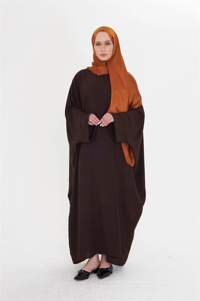 Kahve Yarasa Kol Oversize Medine İpeği Arkası Düğmeli Düz Elbise 4001_14 ürün görseli 1